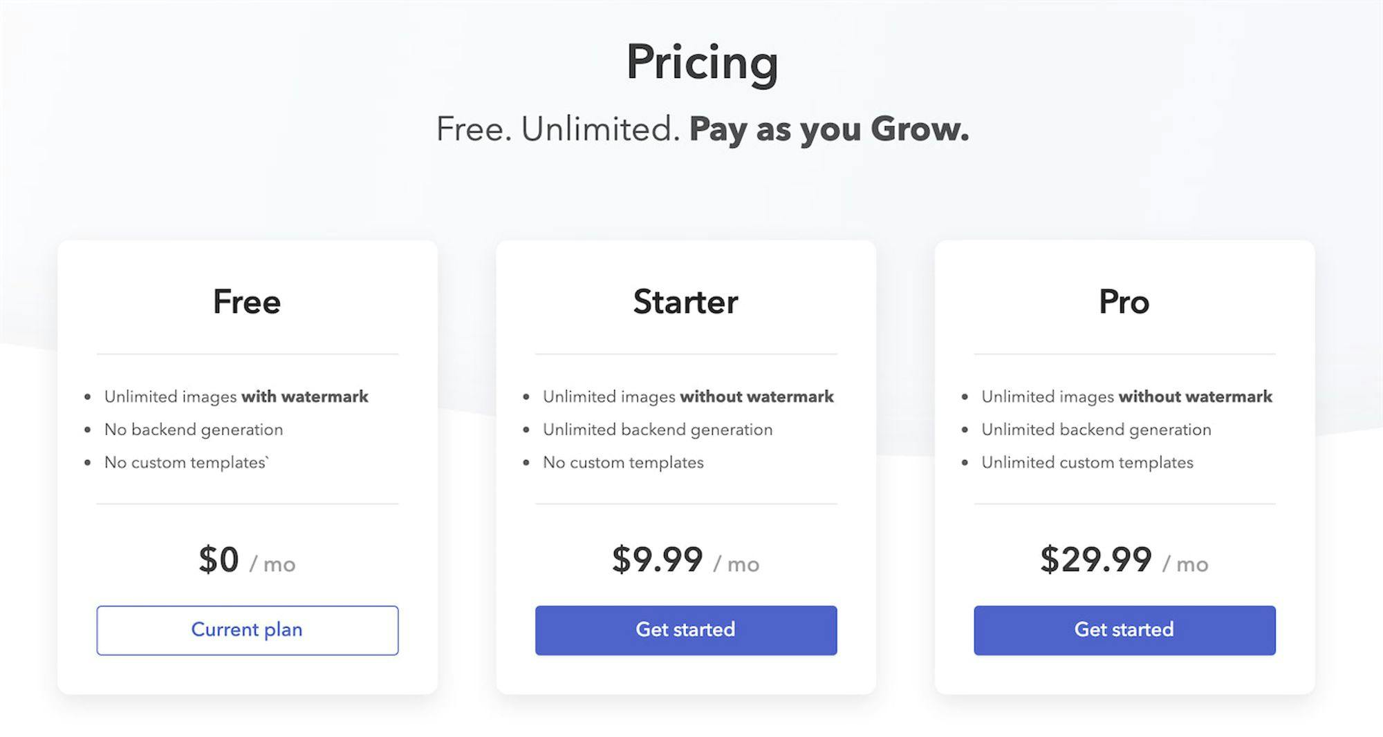Example of 3 pricing plans with rate limiting and metered billing disabled